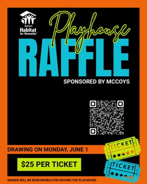 Imagine this in your backyard. 🙌🏼

We are raffling off an adorable custom built playhouse and you could be the lucky winner. Perfect for birthdays, grandkids, or the ultimate surprise.

Tickets are on sale now and every dollar supports Baytown Habitat’s mission to build safe, affordable homes in our community.

We also want to thank McCoys for sponsoring this adorable playhouse!

Purchase tickets: https://www.zeffy.com/en-US/ticketing/playhouse