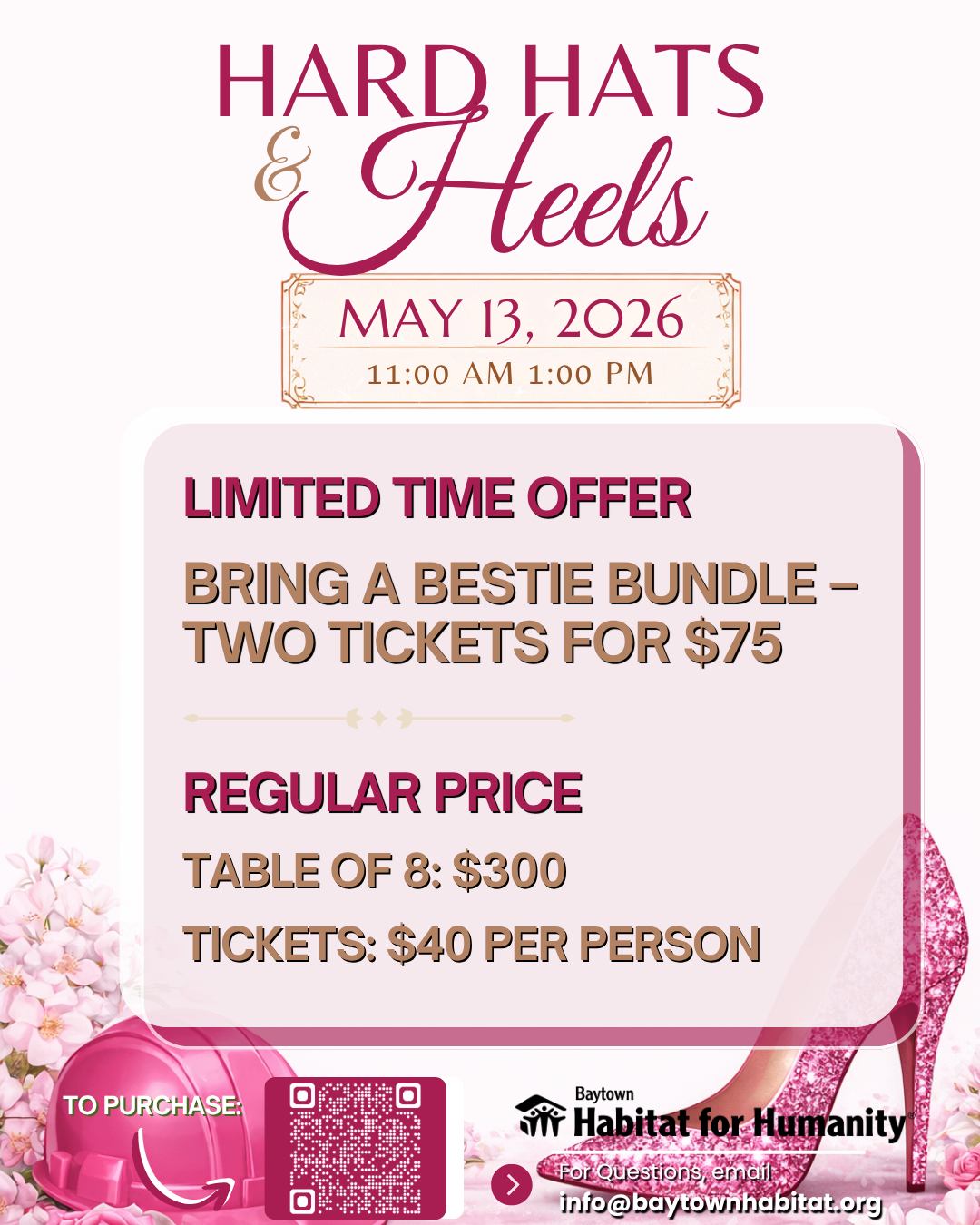 Back with ANOTHER limited time offer - bring a bestie bundle to our Women in Business Luncheon. 
No, this is NOT an April Fools joke.

This is an event that is about empowering those around us, motivating those who need the extra push, & supporting the people in our community.
We will hear from a few amazing speakers and get to network with others all while enjoying a delicious lunch.

https://www.zeffy.com/en-US/ticketing/hard-hats-and-heels-3