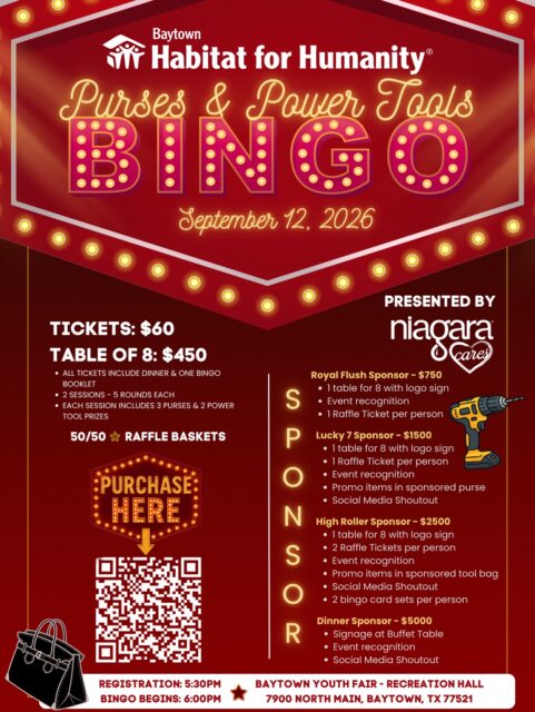Baytown Habitat for Humanity’s Purses & Power Tools Bingo Presented by  Niagara Cares

🚨 Our last event sold out… and this one will likely do the same. Don’t wait until August and find out there are no seats left.

Grab your ticket or reserve your table today and join us for a night of bingo, prizes, dinner, and fun, all while supporting local families in Baytown. ❤️🏠

Tag your bingo crew below! 👇
Bring your bestie, your coworkers, your church friends, or make it a fun date night with your partner.

Who’s coming with you? 👇✨

#BaytownHabitat #PursesAndPowerToolsBingo #bingo