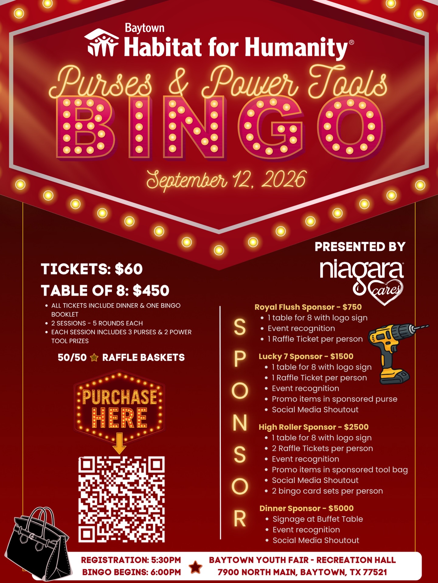 Baytown Habitat for Humanity’s Purses & Power Tools Bingo Presented by  Niagara Cares

🚨 Our last event sold out… and this one will likely do the same. Don’t wait until August and find out there are no seats left.

Grab your ticket or reserve your table today and join us for a night of bingo, prizes, dinner, and fun, all while supporting local families in Baytown. ❤️🏠

Tag your bingo crew below! 👇
Bring your bestie, your coworkers, your church friends, or make it a fun date night with your partner.

Who’s coming with you? 👇✨

#BaytownHabitat #PursesAndPowerToolsBingo #bingo