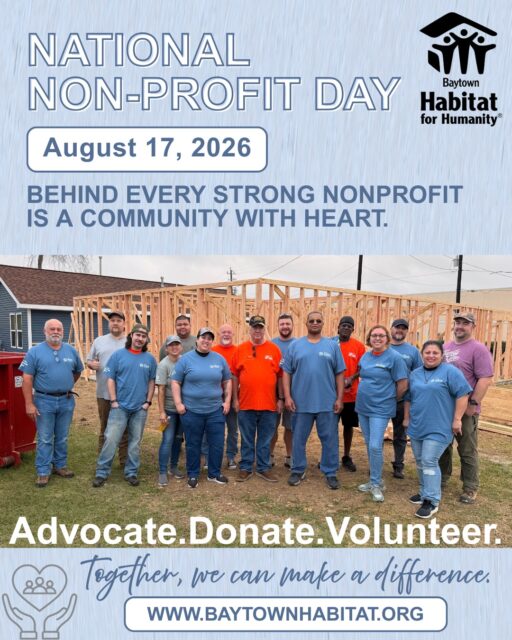 Behind every strong nonprofit is a community with heart. 💙

We’re grateful for every volunteer, donor and community partner who helps us build homes for local families. If you’d like to support our work, consider making a donation today. Every dollar helps us keep building!

Donate at www.baytownhabitat.org