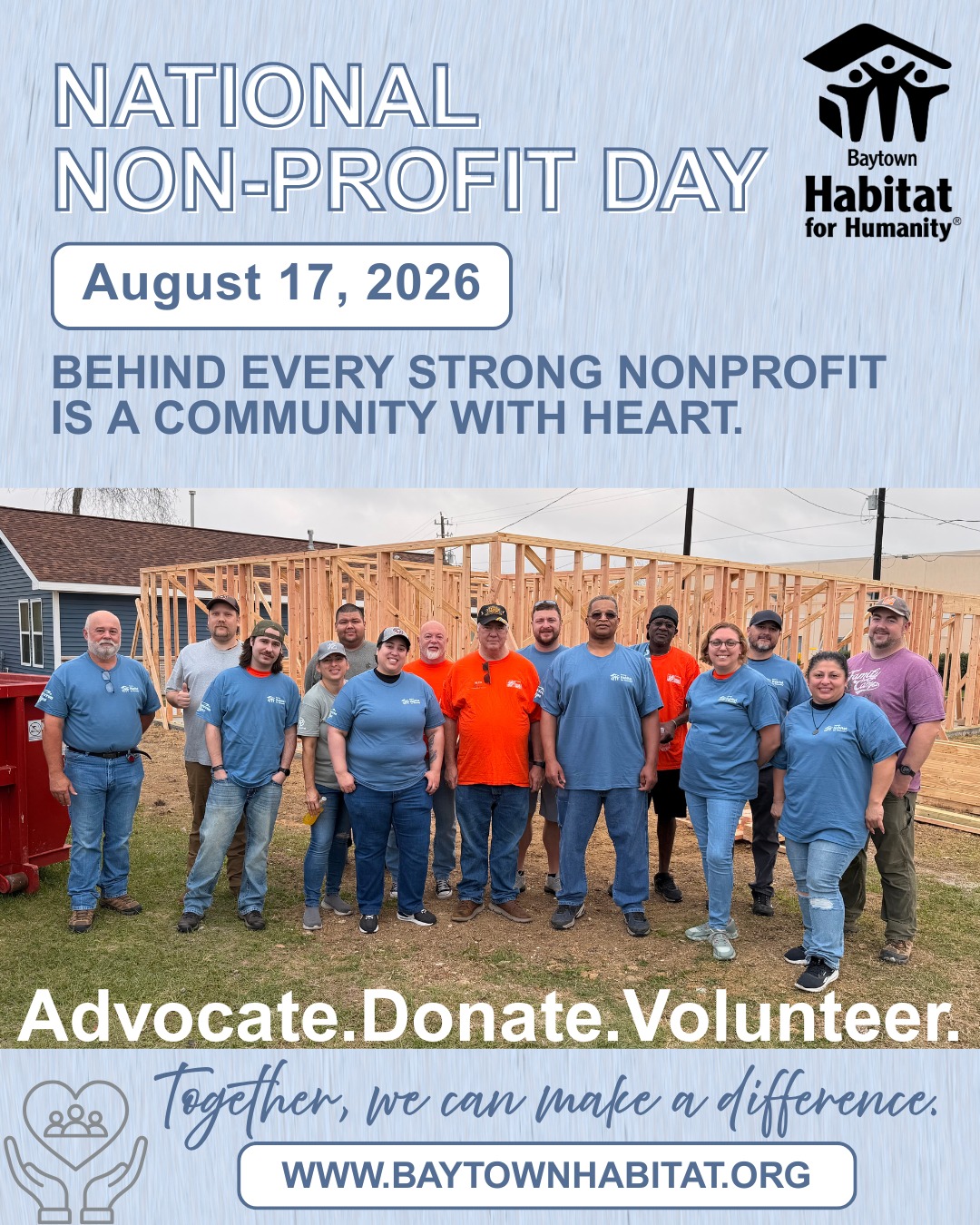 Behind every strong nonprofit is a community with heart. 💙

We’re grateful for every volunteer, donor and community partner who helps us build homes for local families. If you’d like to support our work, consider making a donation today. Every dollar helps us keep building!

Donate at www.baytownhabitat.org