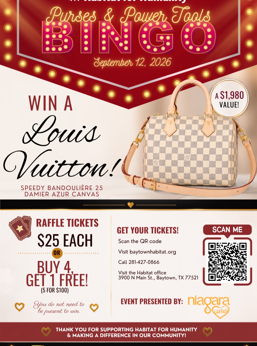 Who’s feeling lucky?! 🎲
We’re raffling off a Louis Vuitton Speedy Bandoulière 25 Damier Azur valued at $1,980 at Purses & Power Tools Bingo, and you do NOT have to be present to win!
🎟️ $25 = 1 chance
🎟️ $100 = 5 chances — buy 4, get 1 FREE!
If you’ve been thinking about buying one, now is the time! Grab a ticket (or five 😉), share this post, and help us spread the word. Every ticket sold supports Baytown Habitat for Humanity and the families we serve right here in our community.
Purchase here: https://www.zeffy.com/en-US/ticketing/purses-and-power-tools-bingo-2