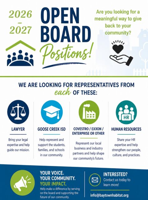 One board seat can help change a family's future.
Baytown Habitat for Humanity is currently seeking community leaders to serve on our Board of Directors for the 2026-2027 term. We're especially interested in individuals with backgrounds in Human Resources, Law, Education (Goose Creek CISD), and local Industry partners.
If you're passionate about strengthening our community, advocating for affordable housing, and helping local families achieve homeownership, we'd love to connect with you.
To learn more, email info@baytownhabitat.org or send us a message.
#BaytownHabitat #BoardLeadership #CommunityImpact #VolunteerLeadership