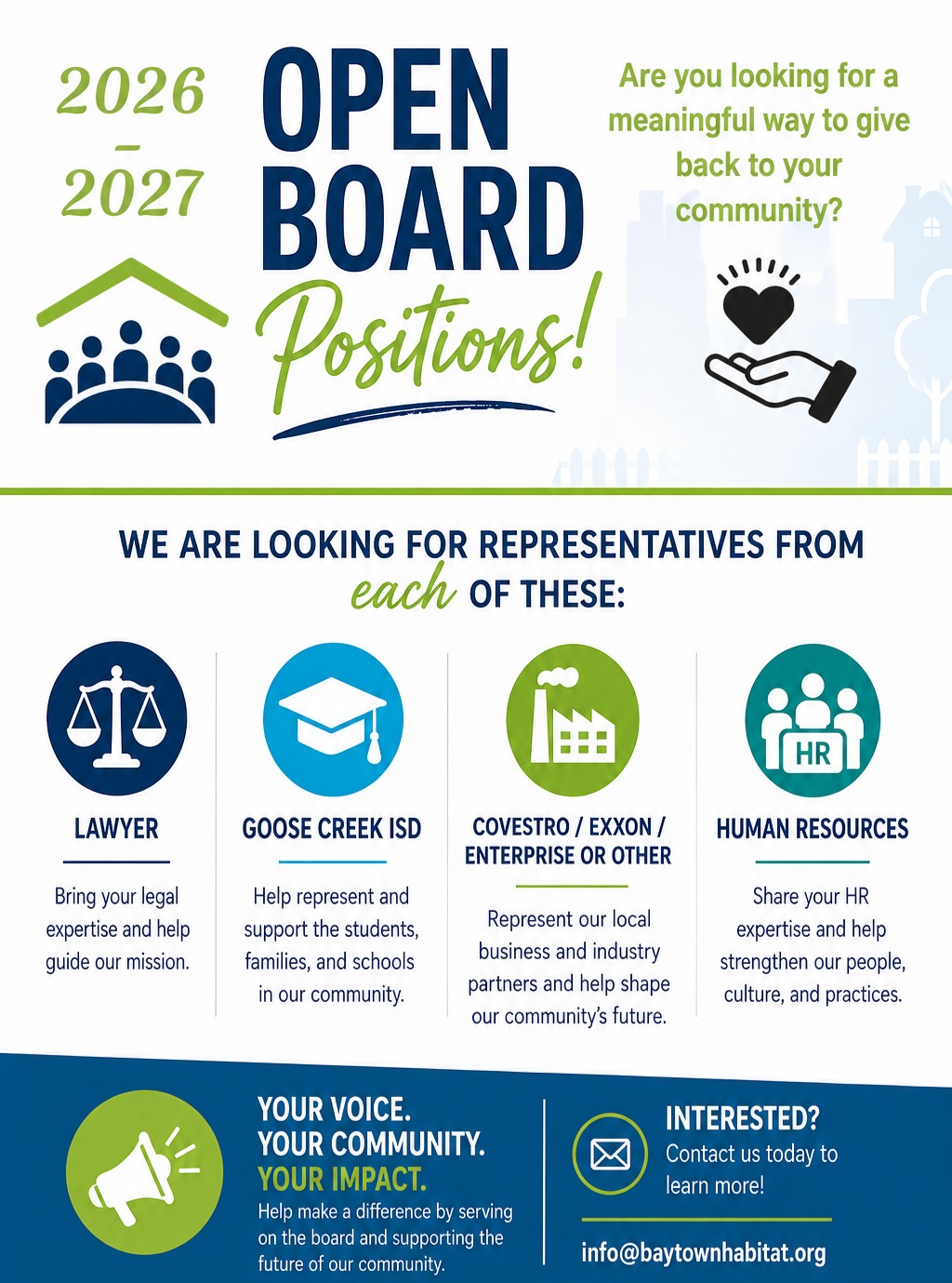 One board seat can help change a family's future.
Baytown Habitat for Humanity is currently seeking community leaders to serve on our Board of Directors for the 2026-2027 term. We're especially interested in individuals with backgrounds in Human Resources, Law, Education (Goose Creek CISD), and local Industry partners.
If you're passionate about strengthening our community, advocating for affordable housing, and helping local families achieve homeownership, we'd love to connect with you.
To learn more, email info@baytownhabitat.org or send us a message.
#BaytownHabitat #BoardLeadership #CommunityImpact #VolunteerLeadership