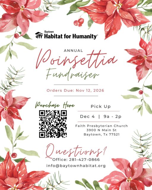 Our annual Poinsettia Fundraiser is back!

Get ready for the holidays with beautiful poinsettias while supporting Baytown Habitat for Humanity. They’re perfect for decorating your home or office, giving as employee or client gifts, or sharing with friends and family.

Every purchase helps support our mission of building safe, affordable homes and creating stronger futures for families in our community.

https://www.zeffy.com/en-US/ticketing/poinsettia-sale--2026-2

Help Us Spread a Little Extra Holiday Cheer ❤️

Don’t need a poinsettia for yourself? This year, you can purchase one to be donated to a local nursing home resident.

Our goal is to deliver poinsettias to nursing homes throughout Baytown and make the holidays a little brighter for their residents. Simply purchase a donated poinsettia, and we’ll take care of the rest!

Thank you for supporting Baytown Habitat for Humanity this holiday season!
https://www.zeffy.com/en-US/ticketing/poinsettia-sale--2026-2
