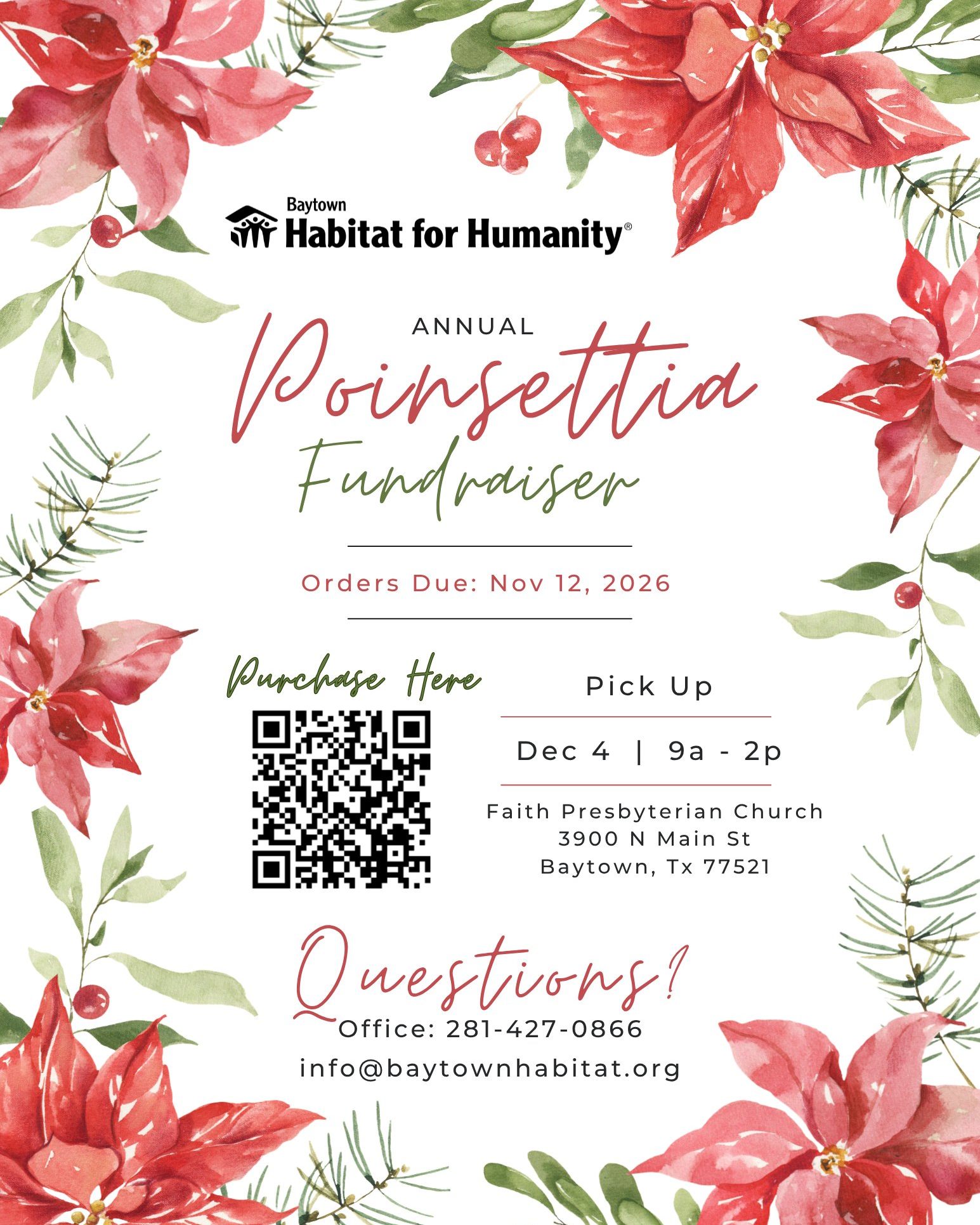 Our annual Poinsettia Fundraiser is back!

Get ready for the holidays with beautiful poinsettias while supporting Baytown Habitat for Humanity. They’re perfect for decorating your home or office, giving as employee or client gifts, or sharing with friends and family.

Every purchase helps support our mission of building safe, affordable homes and creating stronger futures for families in our community.

https://www.zeffy.com/en-US/ticketing/poinsettia-sale--2026-2

Help Us Spread a Little Extra Holiday Cheer ❤️

Don’t need a poinsettia for yourself? This year, you can purchase one to be donated to a local nursing home resident.

Our goal is to deliver poinsettias to nursing homes throughout Baytown and make the holidays a little brighter for their residents. Simply purchase a donated poinsettia, and we’ll take care of the rest!

Thank you for supporting Baytown Habitat for Humanity this holiday season!
https://www.zeffy.com/en-US/ticketing/poinsettia-sale--2026-2